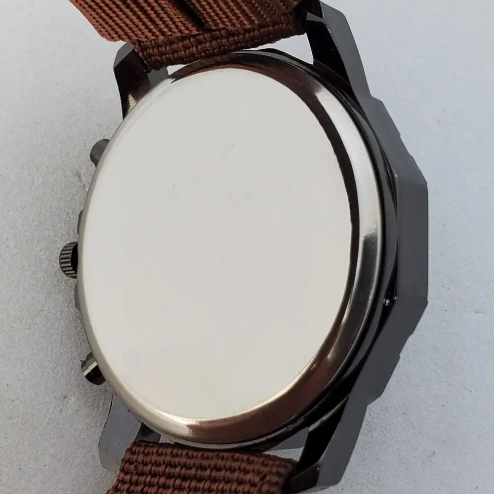 Men's Watch 42MM Black Dial Black Case Brown Canvas Band‎ Straps Date Indicator